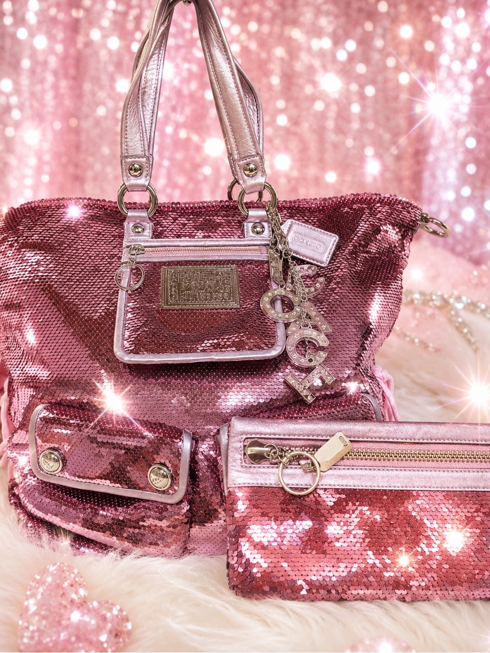 Coach Poppy spotlight Pink Sequin purse tote Set Hangtag Charm Y2K RARE
